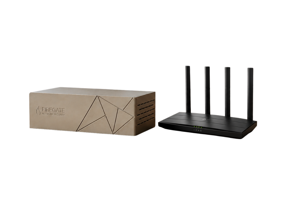 Firegate Home network security box with Virgin Media router for home internet privacy and cyber protection
