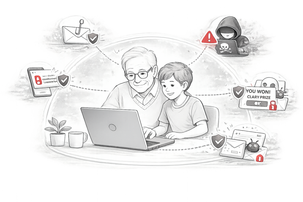 Illustration of Firegate helping protect vulnerable users from phishing, scams and malicious websites