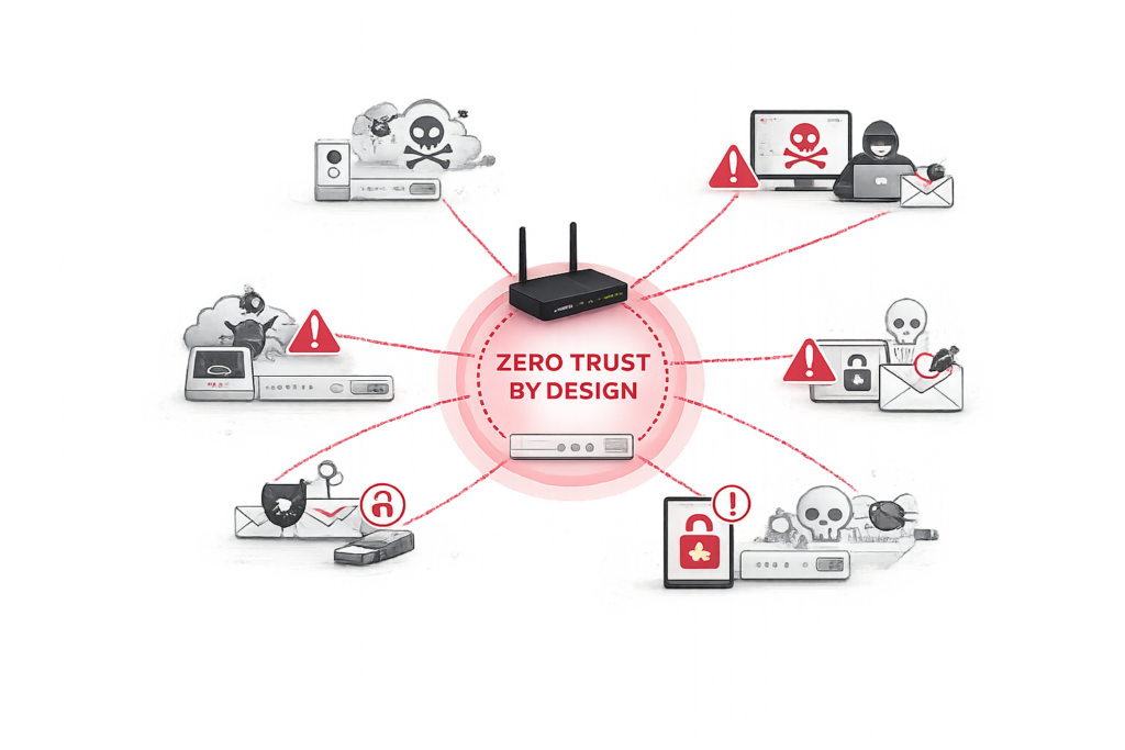 Firegate Zero Trust network security diagram showing protection against malware, phishing, ransomware and cyber attacks